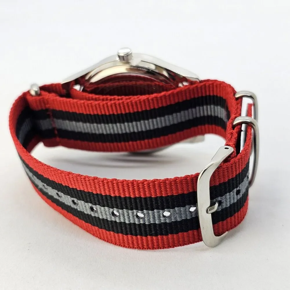 Men's Field Military Watch 42MM Black Dial Red‎ Black Gray Canvas Band Strap